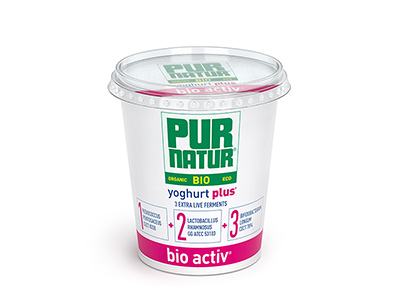 Pur Natur Yaourt étuvé biologique au lait entier avec des ferments vivants supplémentaires dans un pot refermable de 700g